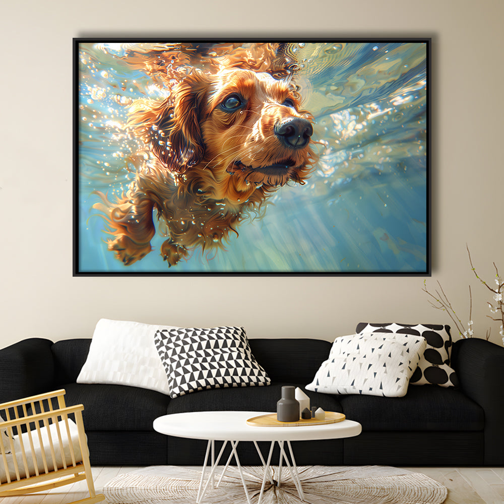 Dachshund Dog Swimming Underwater Watercolor, Funny Pet Art, Floating Framed Canvas Print Wall Art