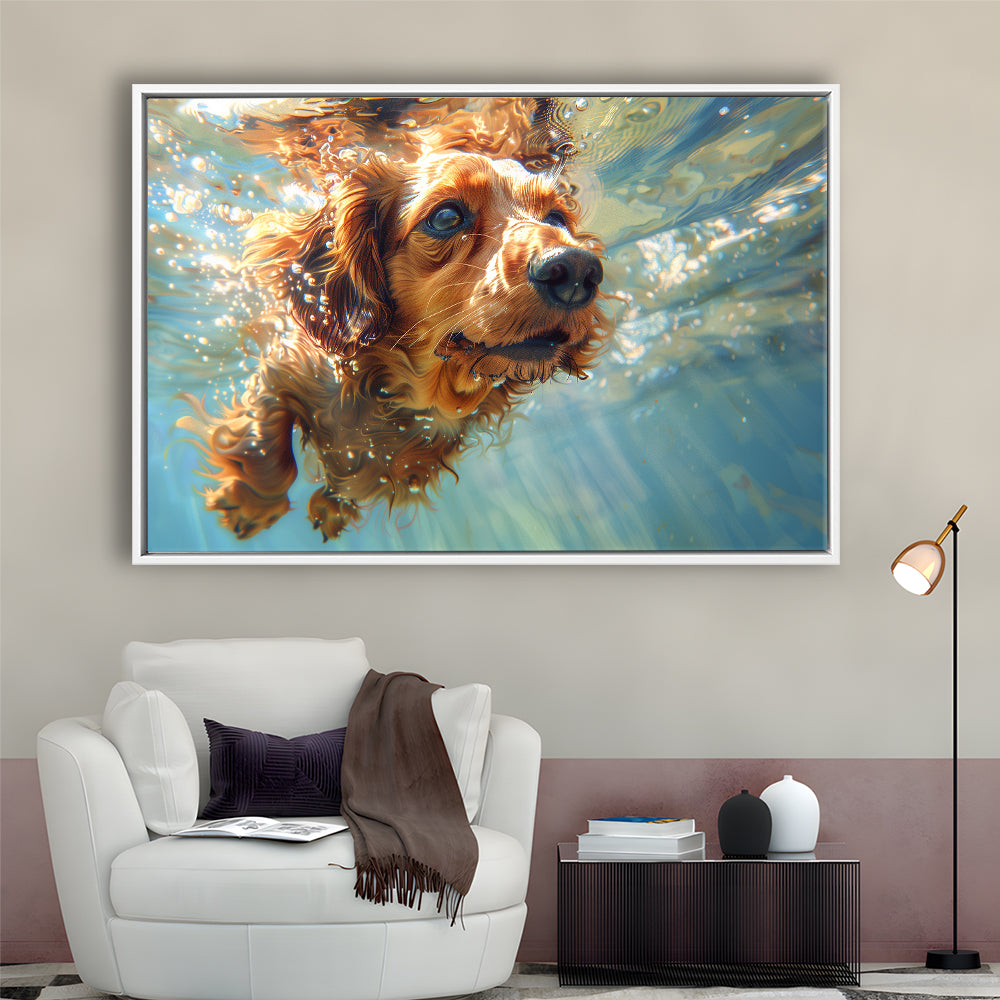 Dachshund Dog Swimming Underwater Watercolor, Funny Pet Art, Floating Framed Canvas Print Wall Art