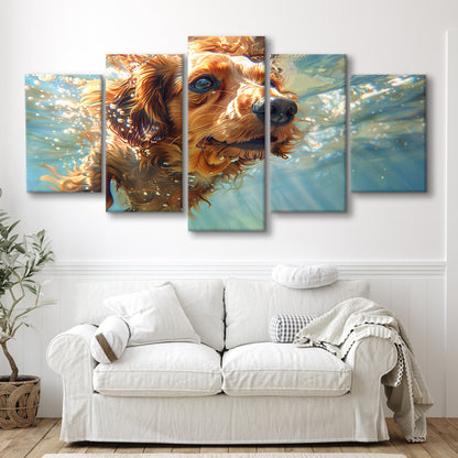 Dachshund Dog Swimming Underwater Watercolor, Funny Pet Art, Mixed Panels Canvas Print Wall Art