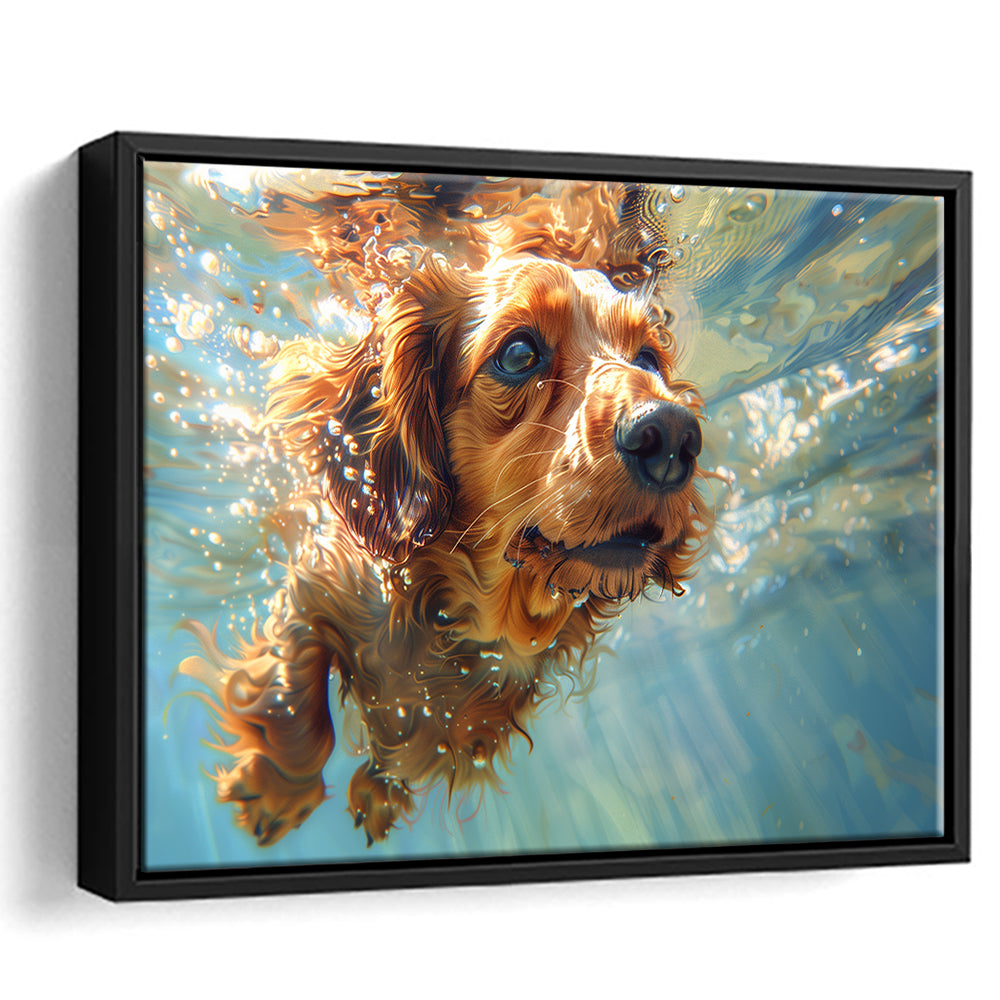 Dachshund Dog Swimming Underwater Watercolor, Funny Pet Art, Floating Framed Canvas Print Wall Art