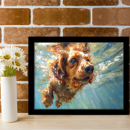 Dachshund Dog Swimming Underwater Watercolor, Funny Pet Art, Framed Art Print Wall Decor, Framed Picture