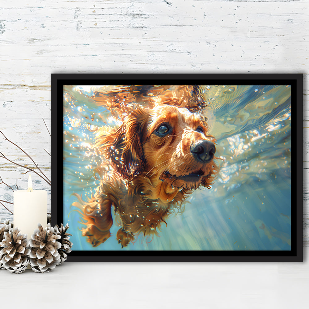 Dachshund Dog Swimming Underwater Watercolor, Funny Pet Art, Floating Framed Canvas Print Wall Art