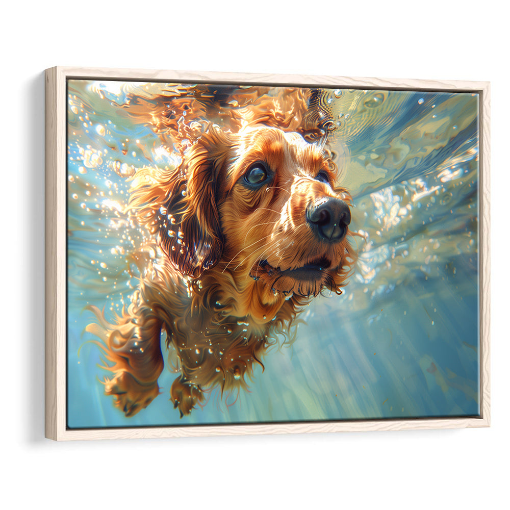 Dachshund Dog Swimming Underwater Watercolor, Funny Pet Art, Floating Framed Canvas Print Wall Art