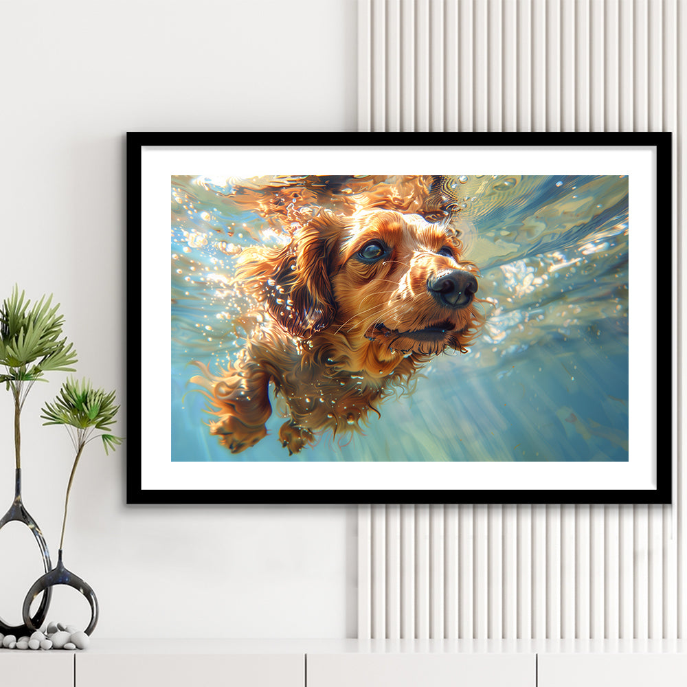 Dachshund Dog Swimming Underwater Watercolor, Funny Pet Art, Framed Art Print White Border Wall Decor