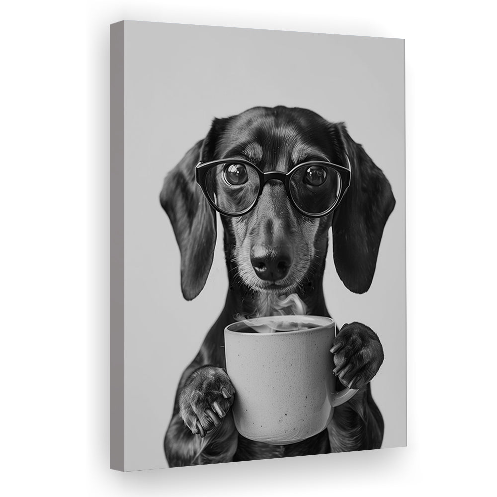 Dachshund Drinking Coffee Canvas Print Wall Art, Black and White, Coffee Lover Print, Kitchen Wall Decor