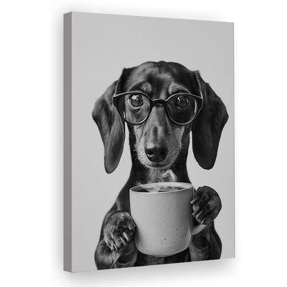 Dachshund Drinking Coffee Canvas Print Wall Art, Black and White, Coffee Lover Print, Kitchen Wall Decor