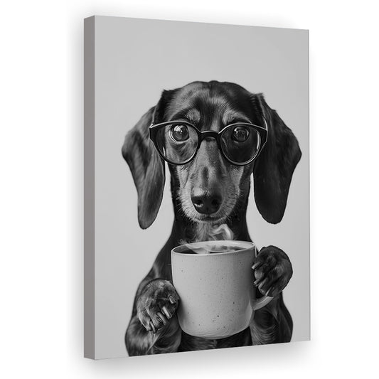 Dachshund Drinking Coffee Canvas Print Wall Art, Black and White, Coffee Lover Print, Kitchen Wall Decor
