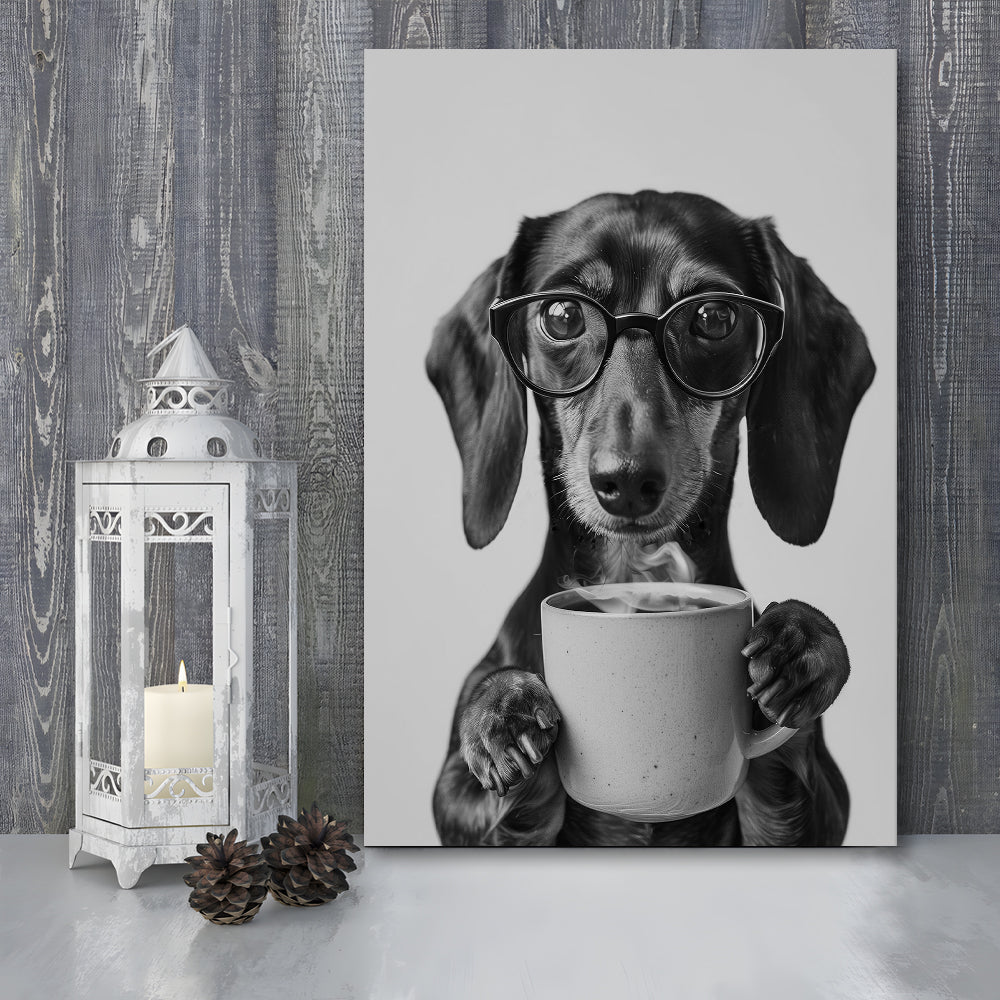Dachshund Drinking Coffee Canvas Print Wall Art, Black and White, Coffee Lover Print, Kitchen Wall Decor