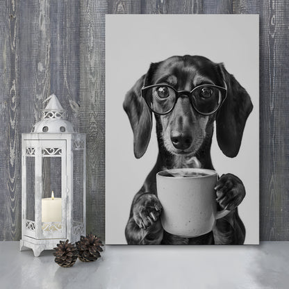 Dachshund Drinking Coffee Canvas Print Wall Art, Black and White, Coffee Lover Print, Kitchen Wall Decor