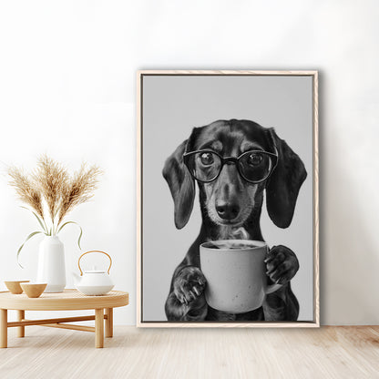 Dachshund Drinking Coffee Framed Canvas Print Wall Art, Black and White, Coffee Lover Print, Kitchen Wall Decor