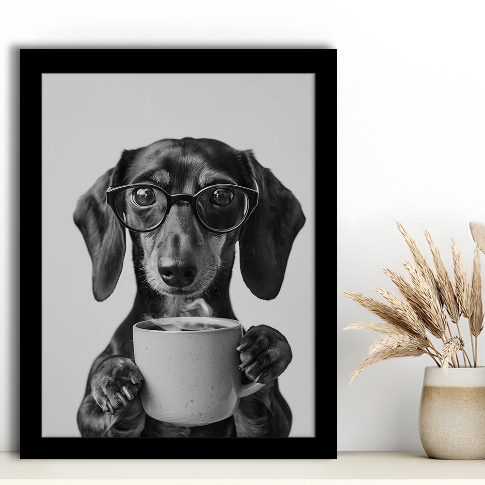Dachshund Drinking Coffee Framed Art Print Wall Decor, Black and White, Coffee Lover Print, Kitchen Wall Decor