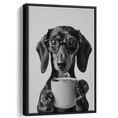 Dachshund Drinking Coffee Framed Canvas Print Wall Art, Black and White, Coffee Lover Print, Kitchen Wall Decor