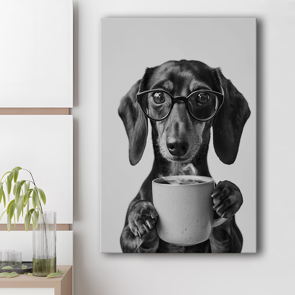 Dachshund Drinking Coffee Canvas Print Wall Art, Black and White, Coffee Lover Print, Kitchen Wall Decor