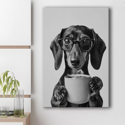 Dachshund Drinking Coffee Canvas Print Wall Art, Black and White, Coffee Lover Print, Kitchen Wall Decor
