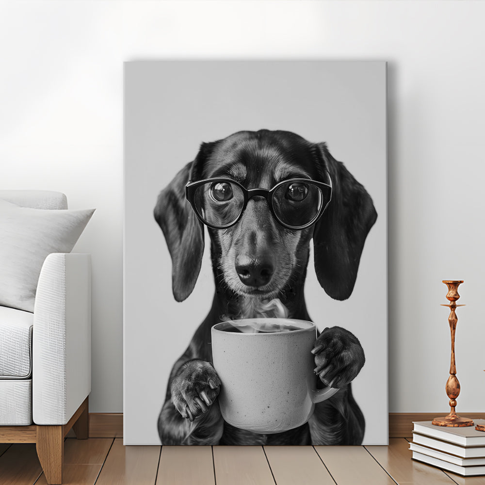 Dachshund Drinking Coffee Canvas Print Wall Art, Black and White, Coffee Lover Print, Kitchen Wall Decor
