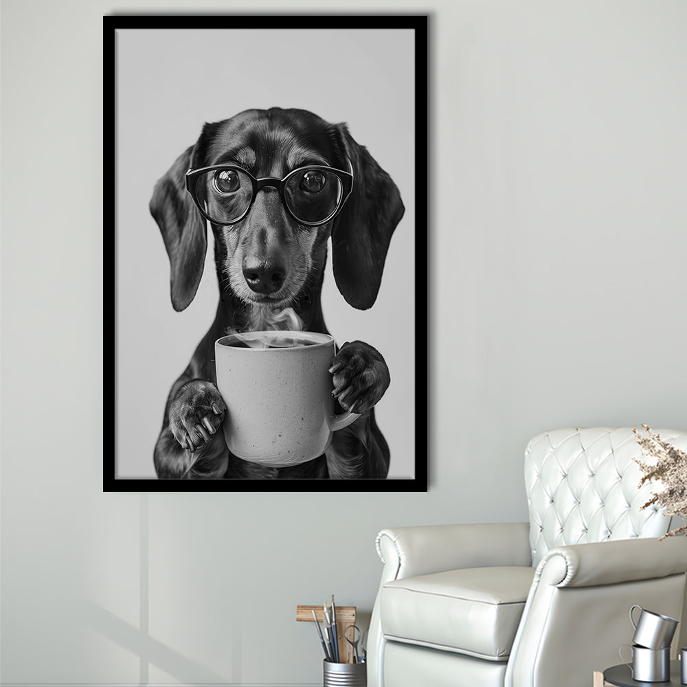 Dachshund Drinking Coffee Framed Art Print Wall Decor, Black and White, Coffee Lover Print, Kitchen Wall Decor