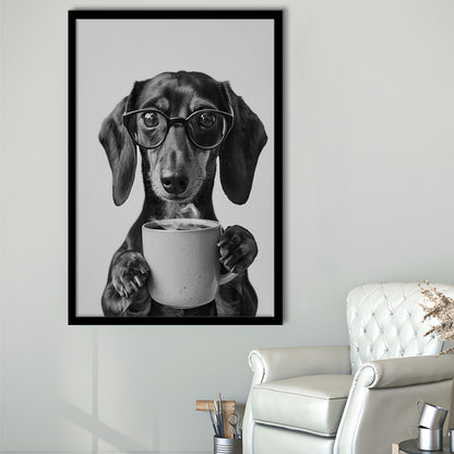 Dachshund Drinking Coffee Framed Art Print Wall Decor, Black and White, Coffee Lover Print, Kitchen Wall Decor