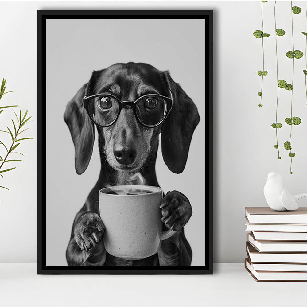 Dachshund Drinking Coffee Framed Canvas Print Wall Art, Black and White, Coffee Lover Print, Kitchen Wall Decor