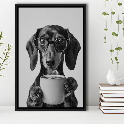 Dachshund Drinking Coffee Framed Canvas Print Wall Art, Black and White, Coffee Lover Print, Kitchen Wall Decor