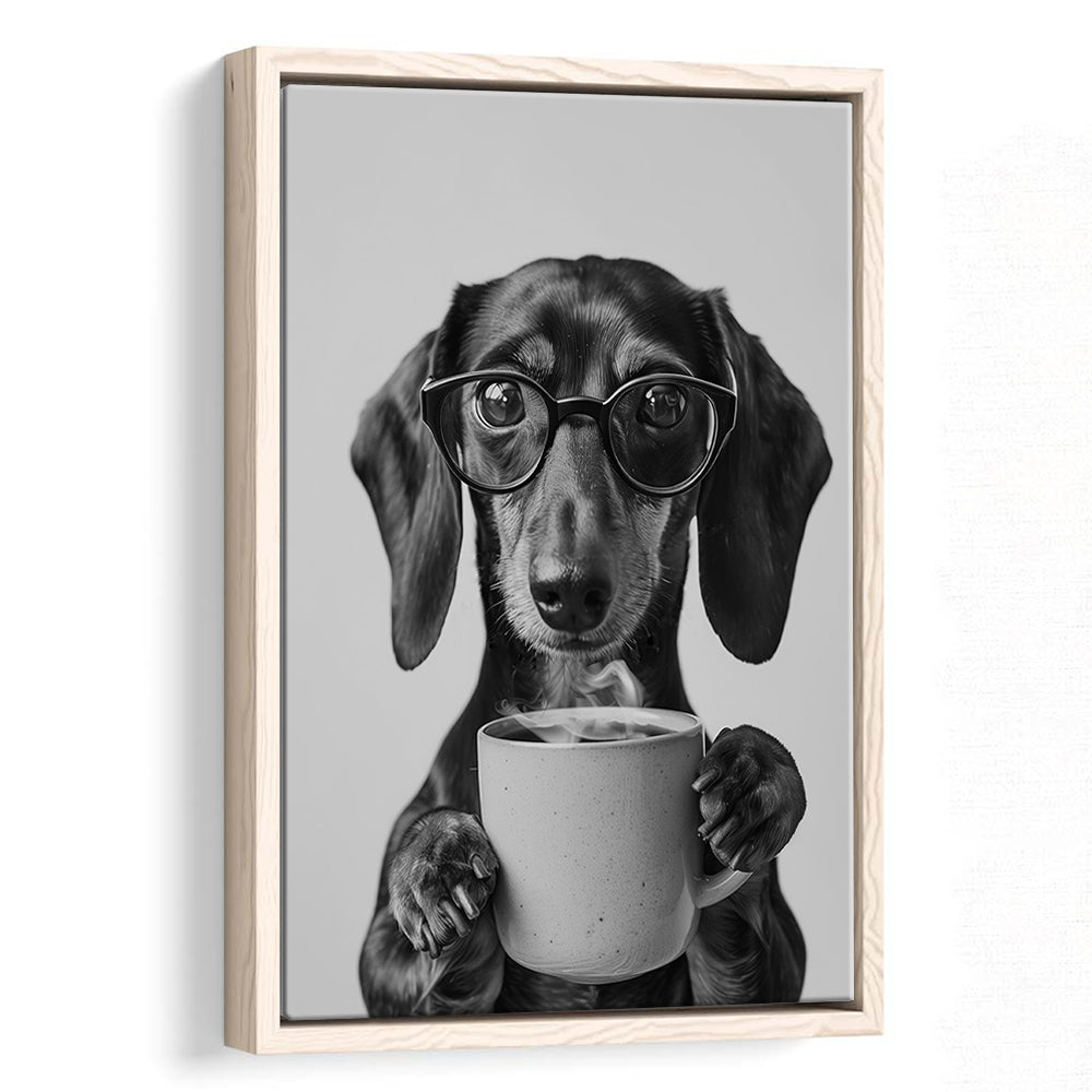 Dachshund Drinking Coffee Framed Canvas Print Wall Art, Black and White, Coffee Lover Print, Kitchen Wall Decor