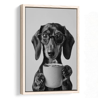 Dachshund Drinking Coffee Framed Canvas Print Wall Art, Black and White, Coffee Lover Print, Kitchen Wall Decor