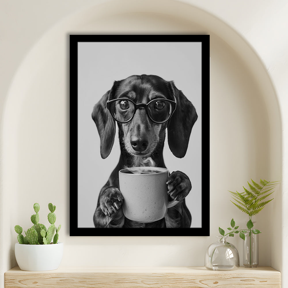 Dachshund Drinking Coffee Framed Art Print Wall Decor, Black and White, Coffee Lover Print, Kitchen Wall Decor