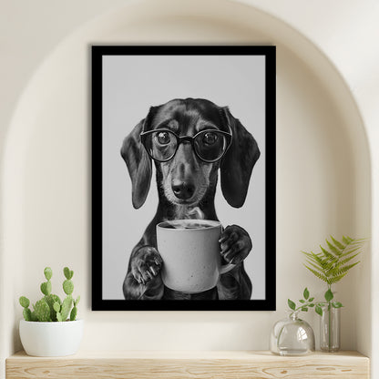 Dachshund Drinking Coffee Framed Art Print Wall Decor, Black and White, Coffee Lover Print, Kitchen Wall Decor