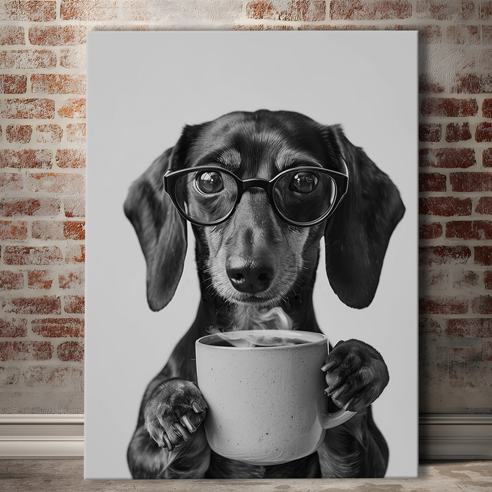 Dachshund Drinking Coffee Canvas Print Wall Art, Black and White, Coffee Lover Print, Kitchen Wall Decor