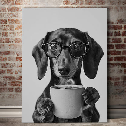 Dachshund Drinking Coffee Canvas Print Wall Art, Black and White, Coffee Lover Print, Kitchen Wall Decor