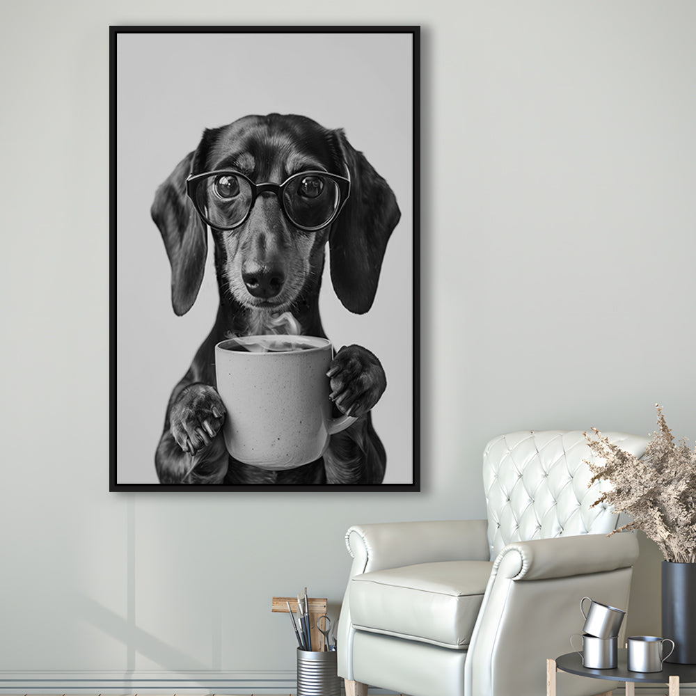Dachshund Drinking Coffee Framed Canvas Print Wall Art, Black and White, Coffee Lover Print, Kitchen Wall Decor