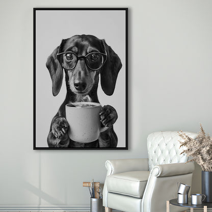 Dachshund Drinking Coffee Framed Canvas Print Wall Art, Black and White, Coffee Lover Print, Kitchen Wall Decor