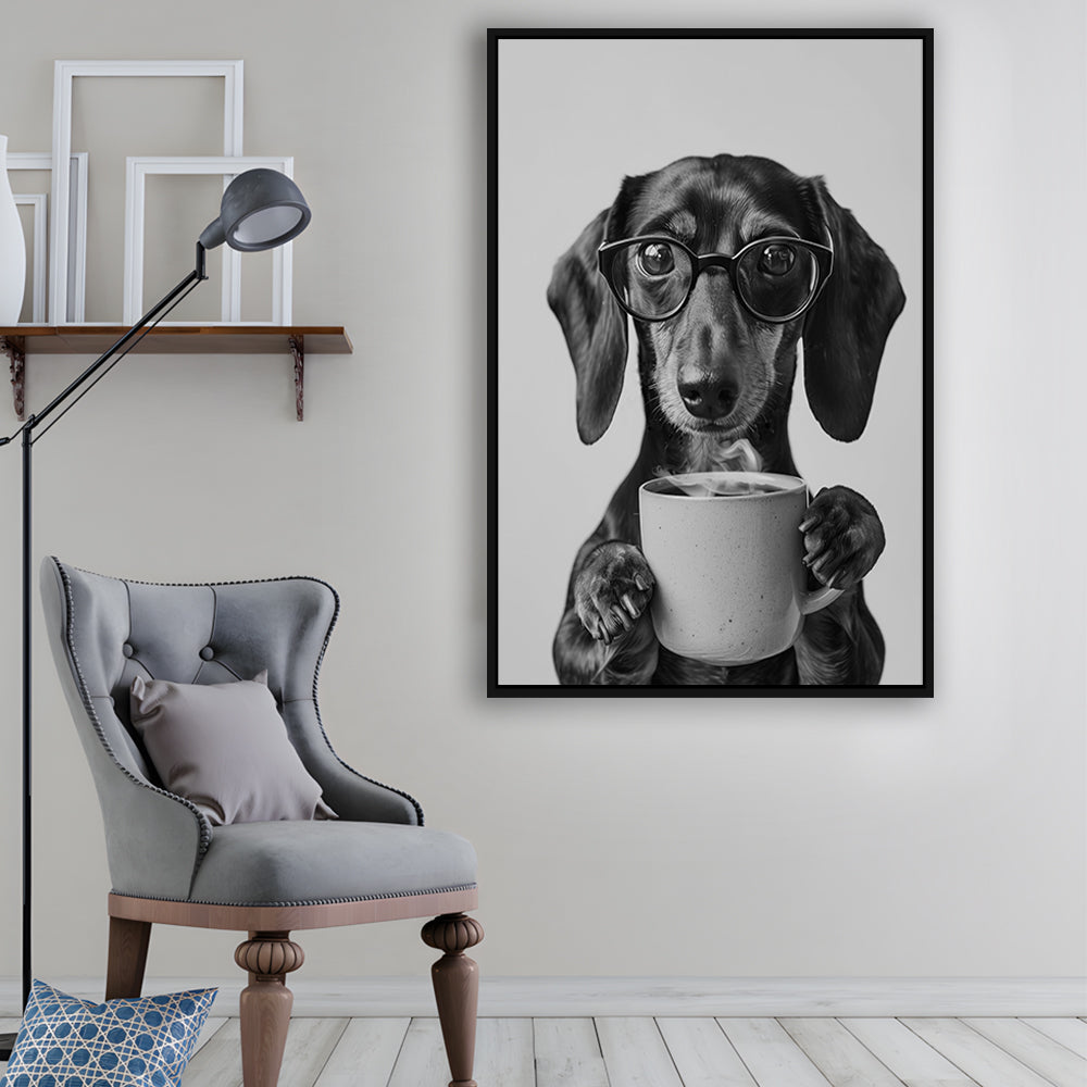 Dachshund Drinking Coffee Framed Canvas Print Wall Art, Black and White, Coffee Lover Print, Kitchen Wall Decor