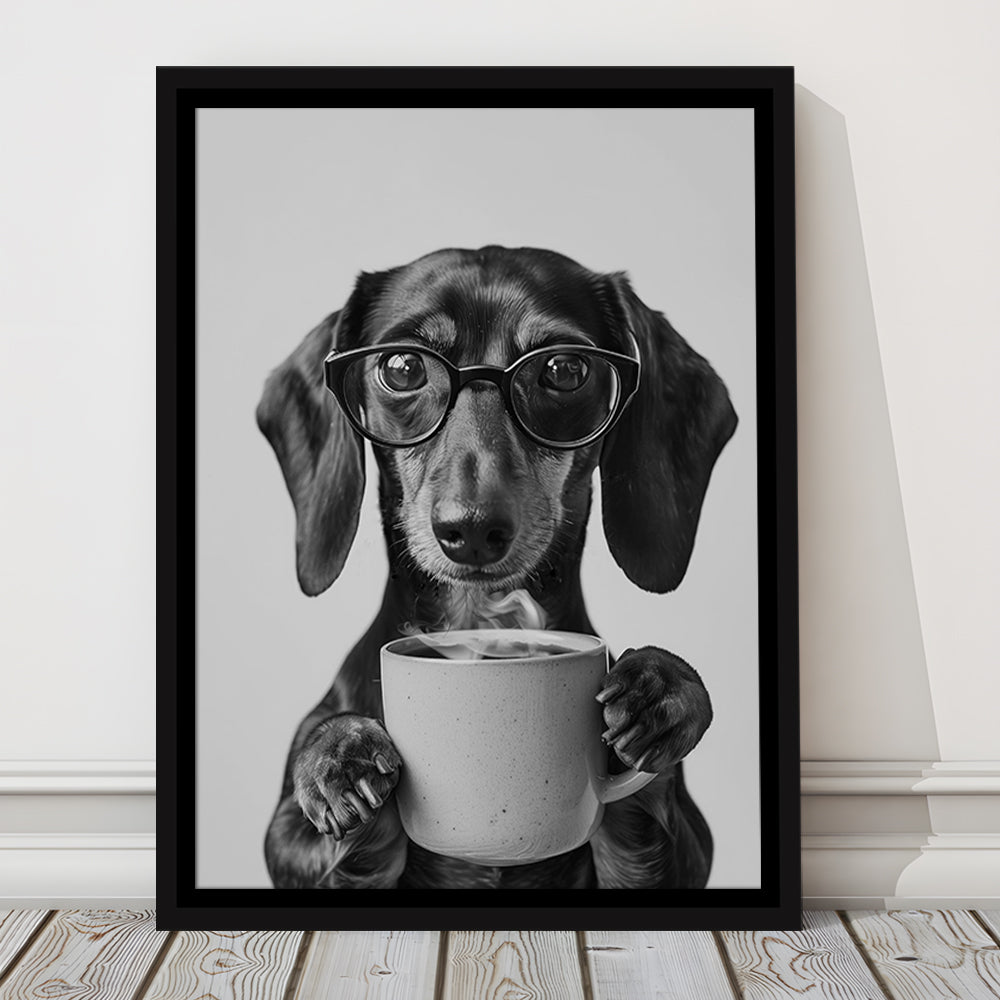 Dachshund Drinking Coffee Framed Canvas Print Wall Art, Black and White, Coffee Lover Print, Kitchen Wall Decor