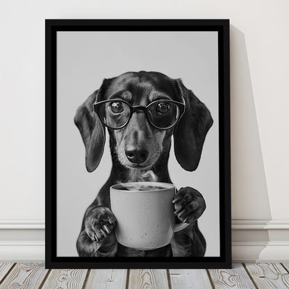 Dachshund Drinking Coffee Framed Canvas Print Wall Art, Black and White, Coffee Lover Print, Kitchen Wall Decor