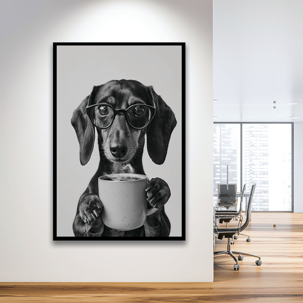 Dachshund Drinking Coffee Framed Art Print Wall Decor, Black and White, Coffee Lover Print, Kitchen Wall Decor