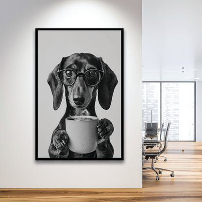 Dachshund Drinking Coffee Framed Art Print Wall Decor, Black and White, Coffee Lover Print, Kitchen Wall Decor