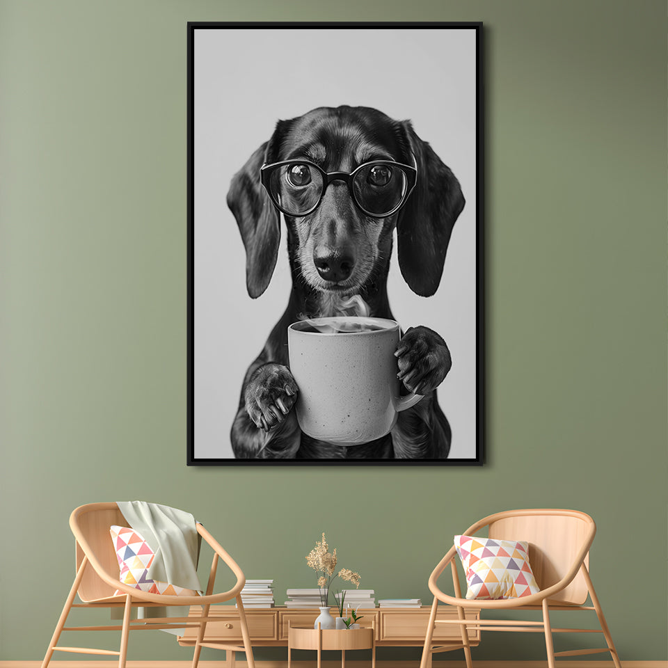 Dachshund Drinking Coffee Framed Canvas Print Wall Art, Black and White, Coffee Lover Print, Kitchen Wall Decor