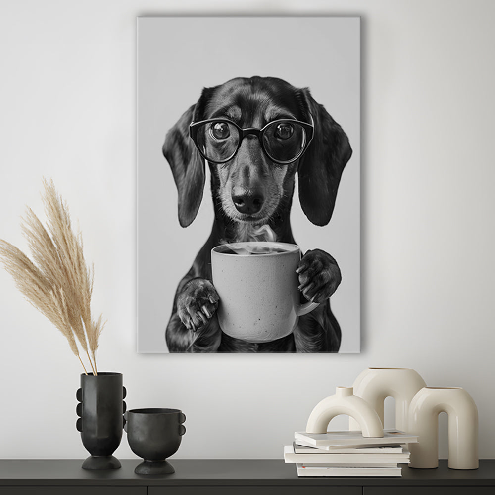 Dachshund Drinking Coffee Canvas Print Wall Art, Black and White, Coffee Lover Print, Kitchen Wall Decor