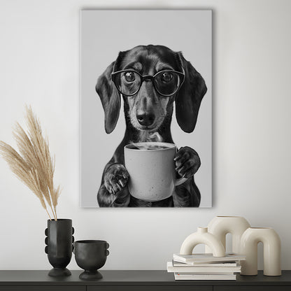 Dachshund Drinking Coffee Canvas Print Wall Art, Black and White, Coffee Lover Print, Kitchen Wall Decor