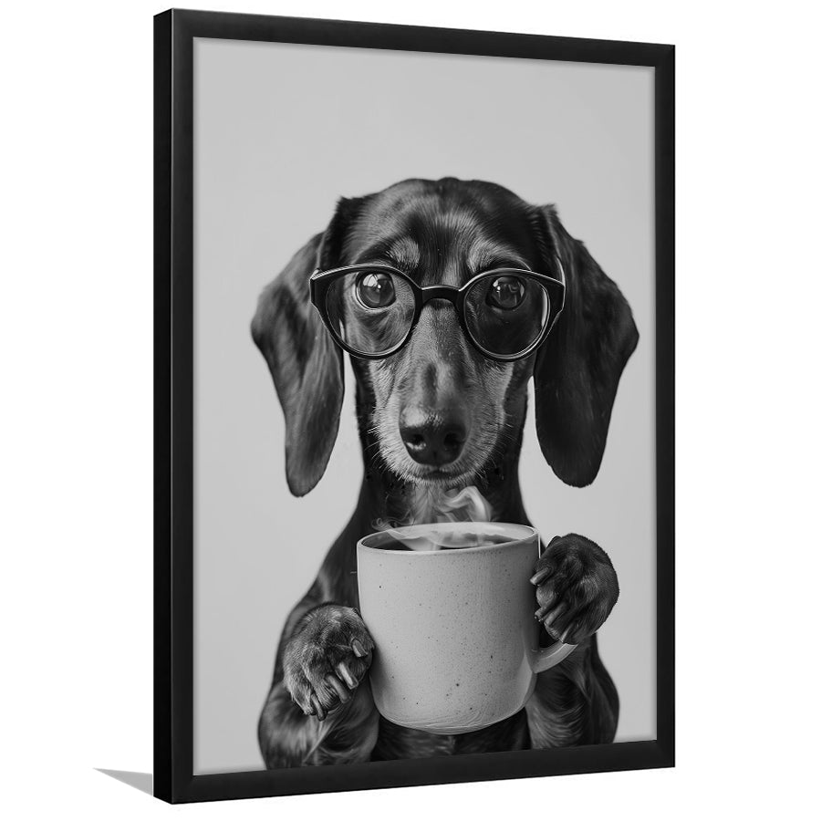 Dachshund Drinking Coffee Framed Art Print Wall Decor, Black and White, Coffee Lover Print, Kitchen Wall Decor