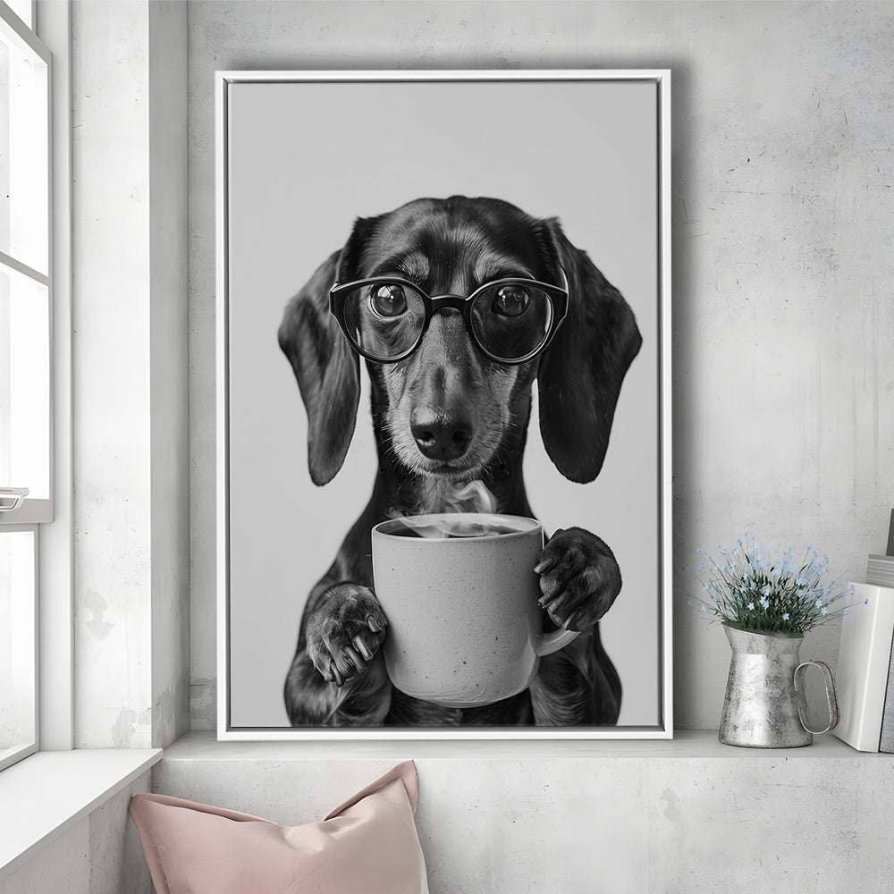 Dachshund Drinking Coffee Framed Canvas Print Wall Art, Black and White, Coffee Lover Print, Kitchen Wall Decor