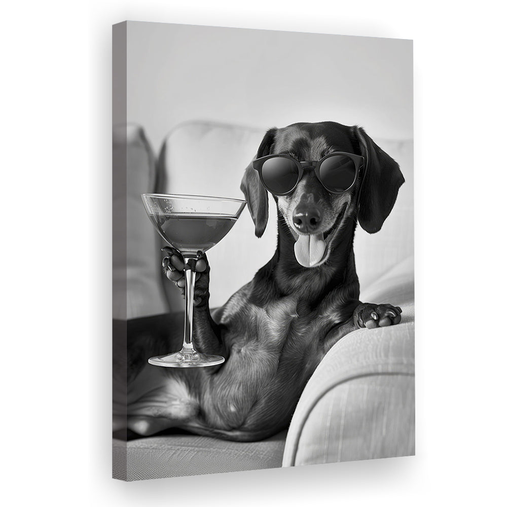 Dachshund Holding A Cocktail Canvas Print Wall Art, Black and White, Dachshund Gift, Martini, Bar Cart Decor