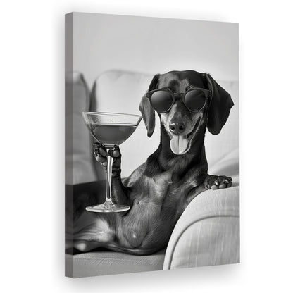 Dachshund Holding A Cocktail Canvas Print Wall Art, Black and White, Dachshund Gift, Martini, Bar Cart Decor