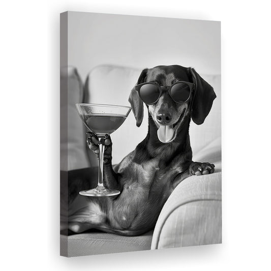 Dachshund Holding A Cocktail Canvas Print Wall Art, Black and White, Dachshund Gift, Martini, Bar Cart Decor