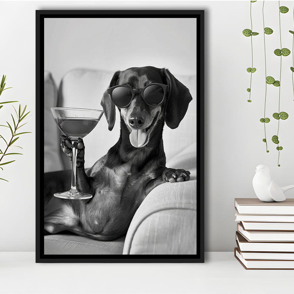 Dachshund Holding A Cocktail Framed Canvas Print Wall Art, Black and White, Dachshund Gift, Martini, Bar Cart Decor