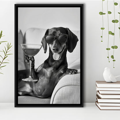 Dachshund Holding A Cocktail Framed Canvas Print Wall Art, Black and White, Dachshund Gift, Martini, Bar Cart Decor