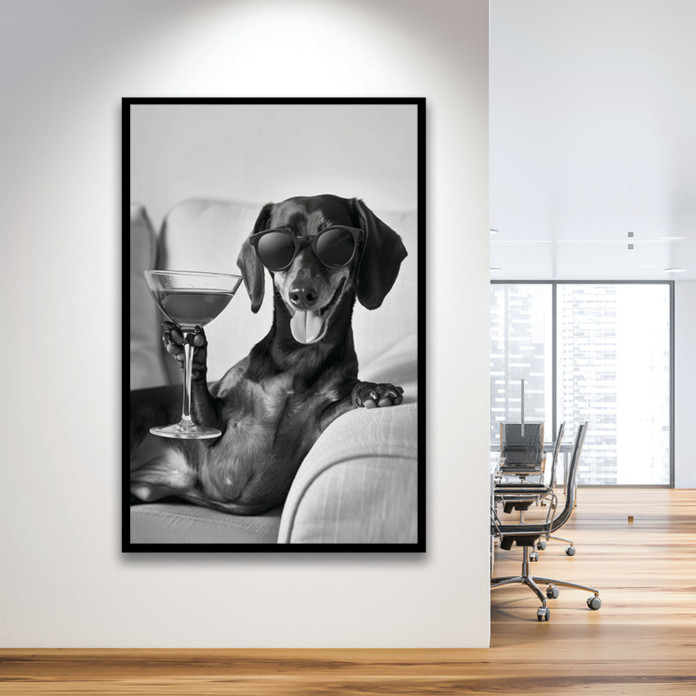 Dachshund Holding A Cocktail Framed Art Print Wall Decor, Black and White, Dachshund Gift, Martini, Bar Cart Decor