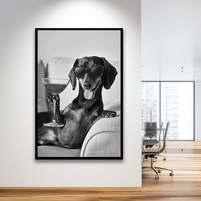 Dachshund Holding A Cocktail Framed Art Print Wall Decor, Black and White, Dachshund Gift, Martini, Bar Cart Decor