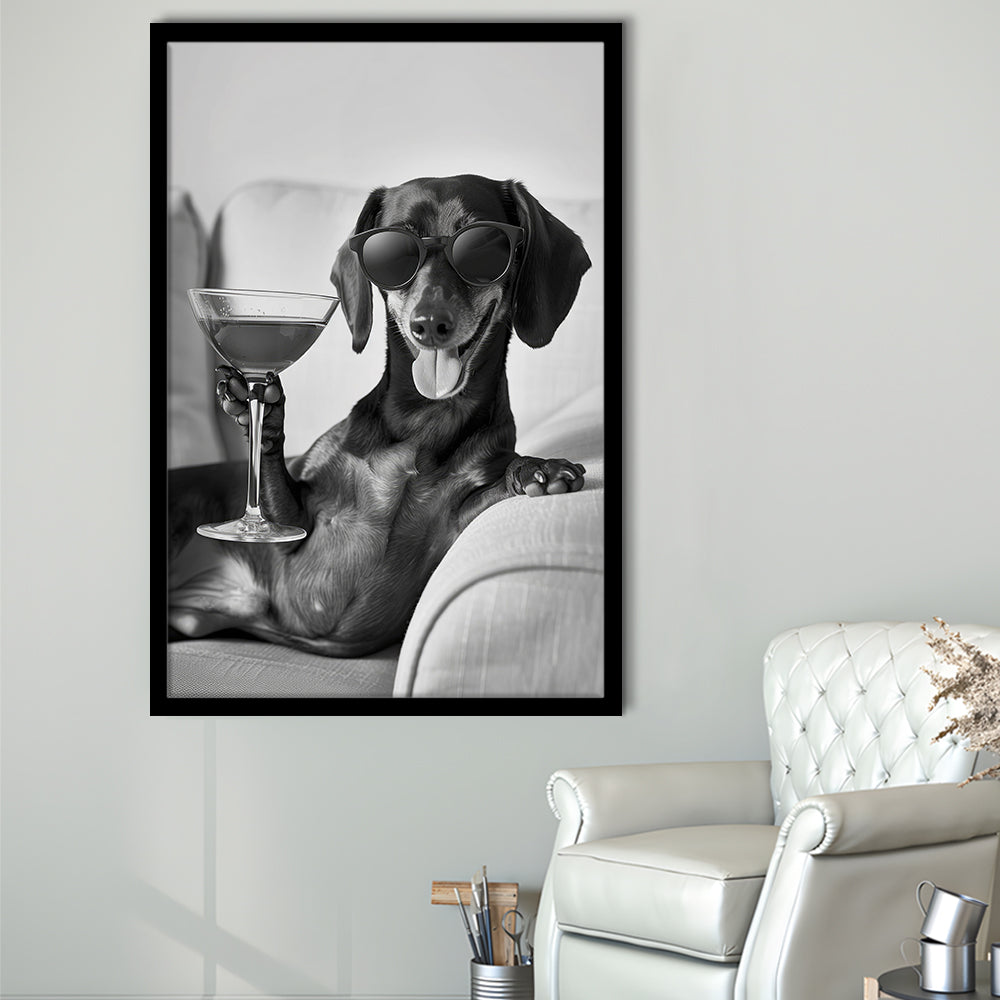 Dachshund Holding A Cocktail Framed Art Print Wall Decor, Black and White, Dachshund Gift, Martini, Bar Cart Decor