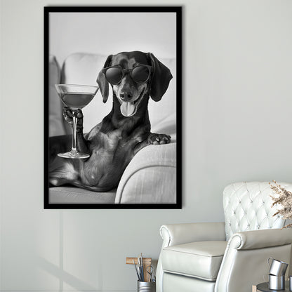 Dachshund Holding A Cocktail Framed Art Print Wall Decor, Black and White, Dachshund Gift, Martini, Bar Cart Decor